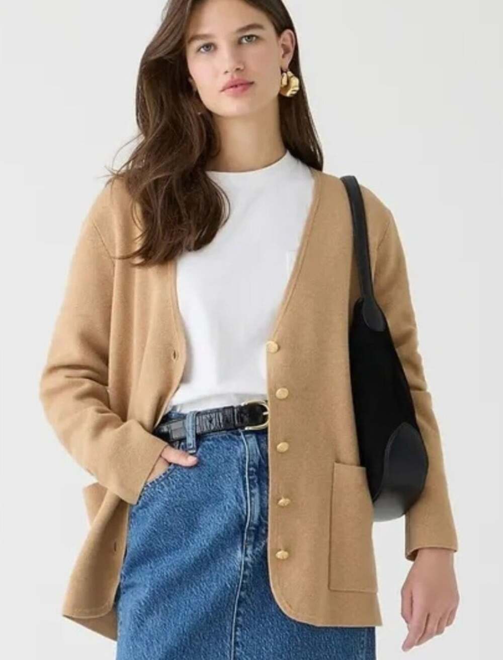 J Crew Giselle V Neck Sweater Blazer XS NWOT Tan Cardigan Gold Button BV316
